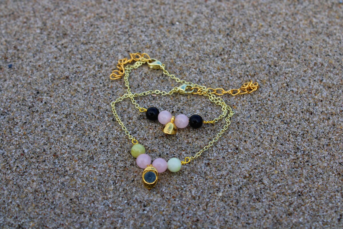 Magnetic Heart Charm Bracelet Set: Rose Quartz, Jade & Obsidian