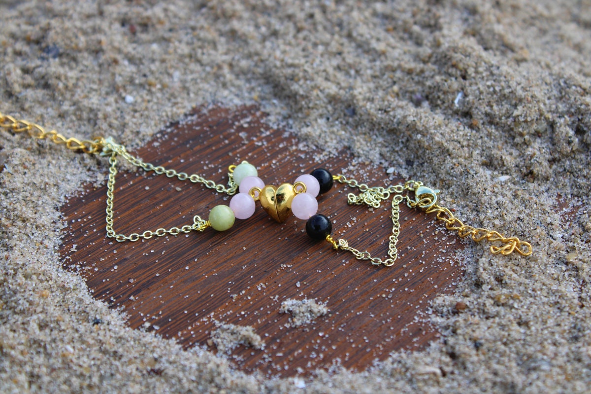 Magnetic Heart Charm Bracelet Set: Rose Quartz, Jade & Obsidian