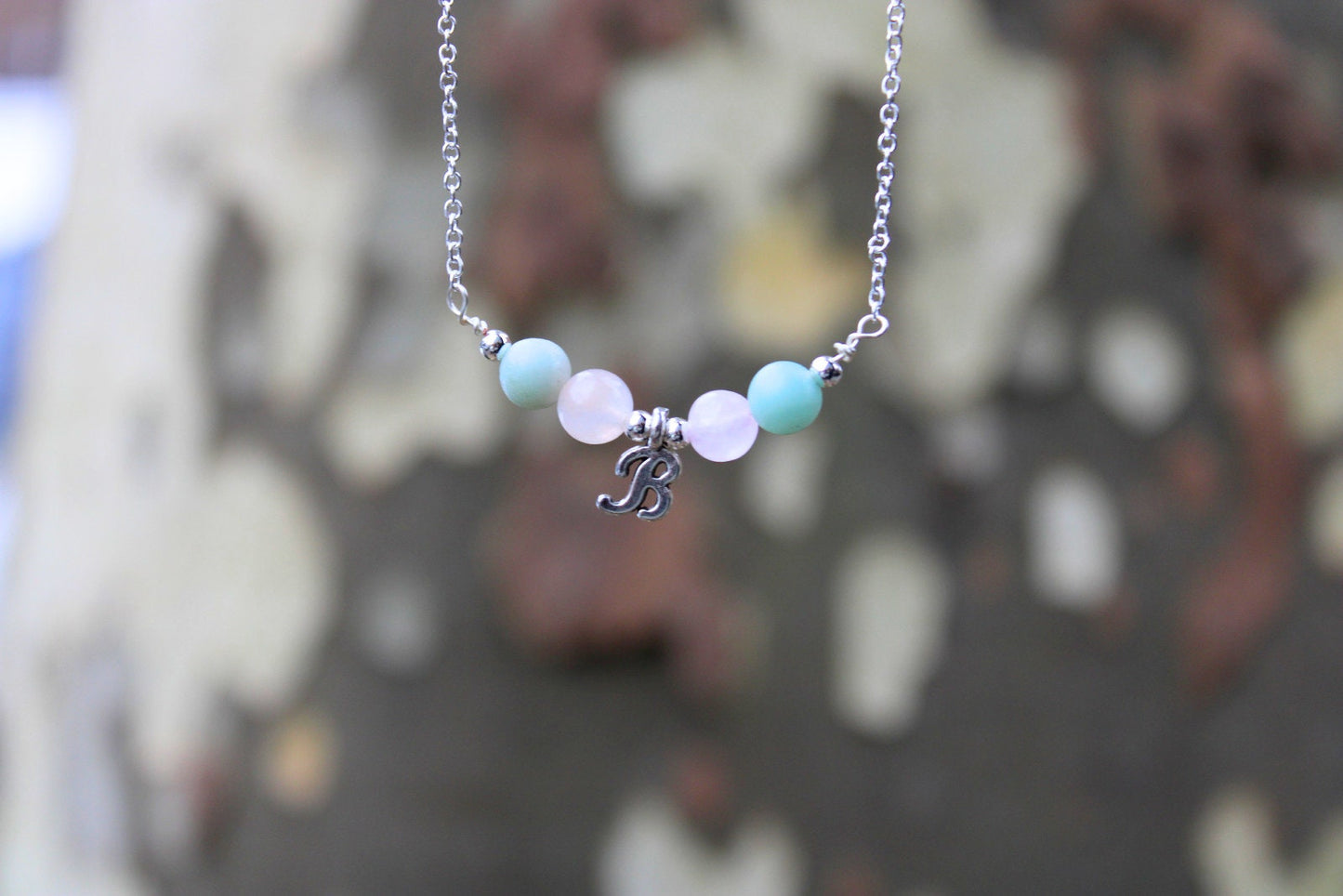 Custom Initial Charm Necklace: Rose Quartz & Amazonite