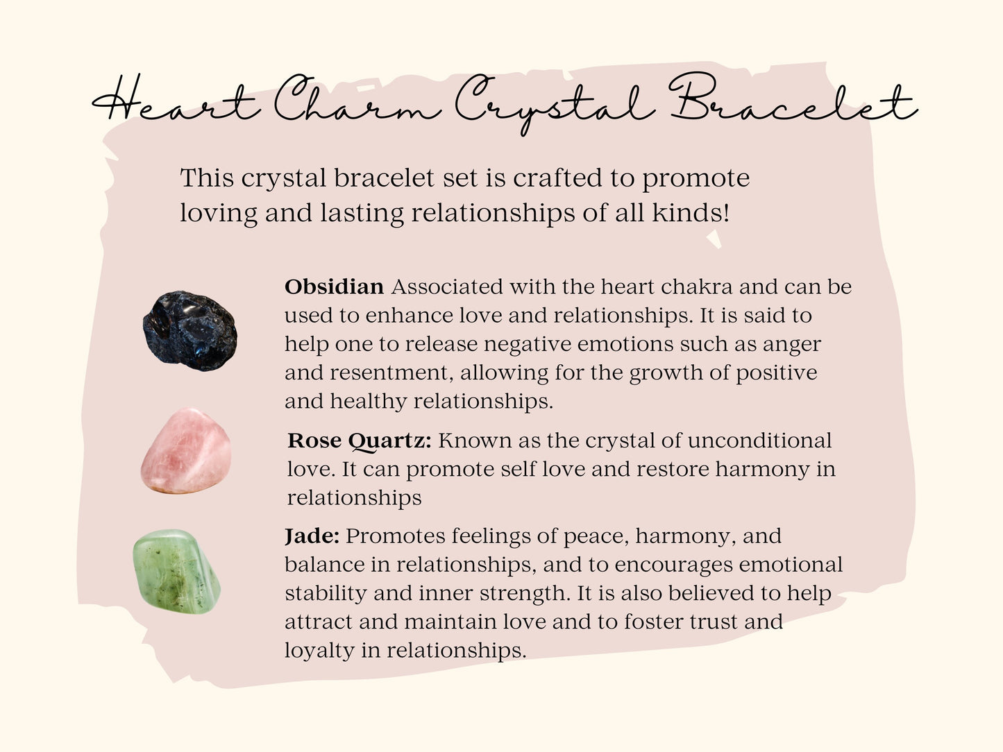 Magnetic Heart Charm Bracelet Set: Rose Quartz, Jade & Obsidian