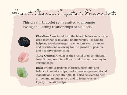 Magnetic Heart Charm Bracelet Set: Rose Quartz, Jade & Obsidian